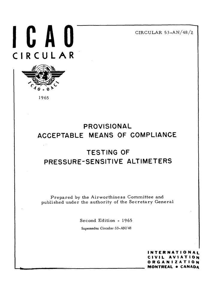 Cir 53 PROVISIONAL  ACCEPTABLE MEANS OF COMPLIANCE  TESTING OF  PRESSURE-SENSITIVE ALTIMETERS